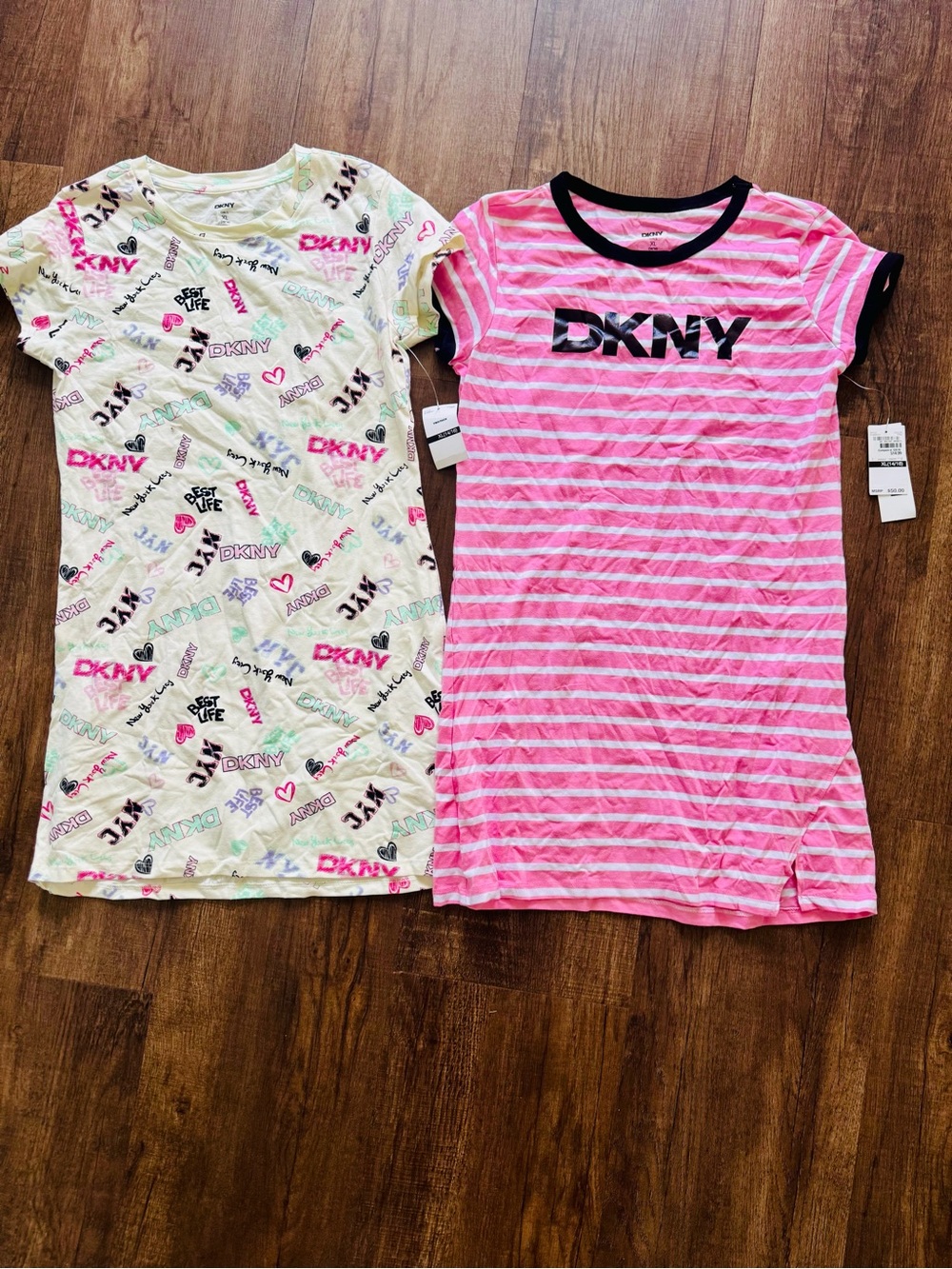 DKNY Girls' Pink Stripe and Cream Logo Tshirt Dresses- 2 Pack Xl 14/16